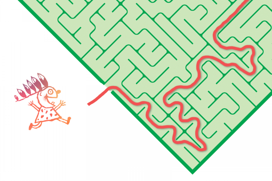 TOTEM-teatterin piirrosinkkari juoksee kohti labyrinttiä.